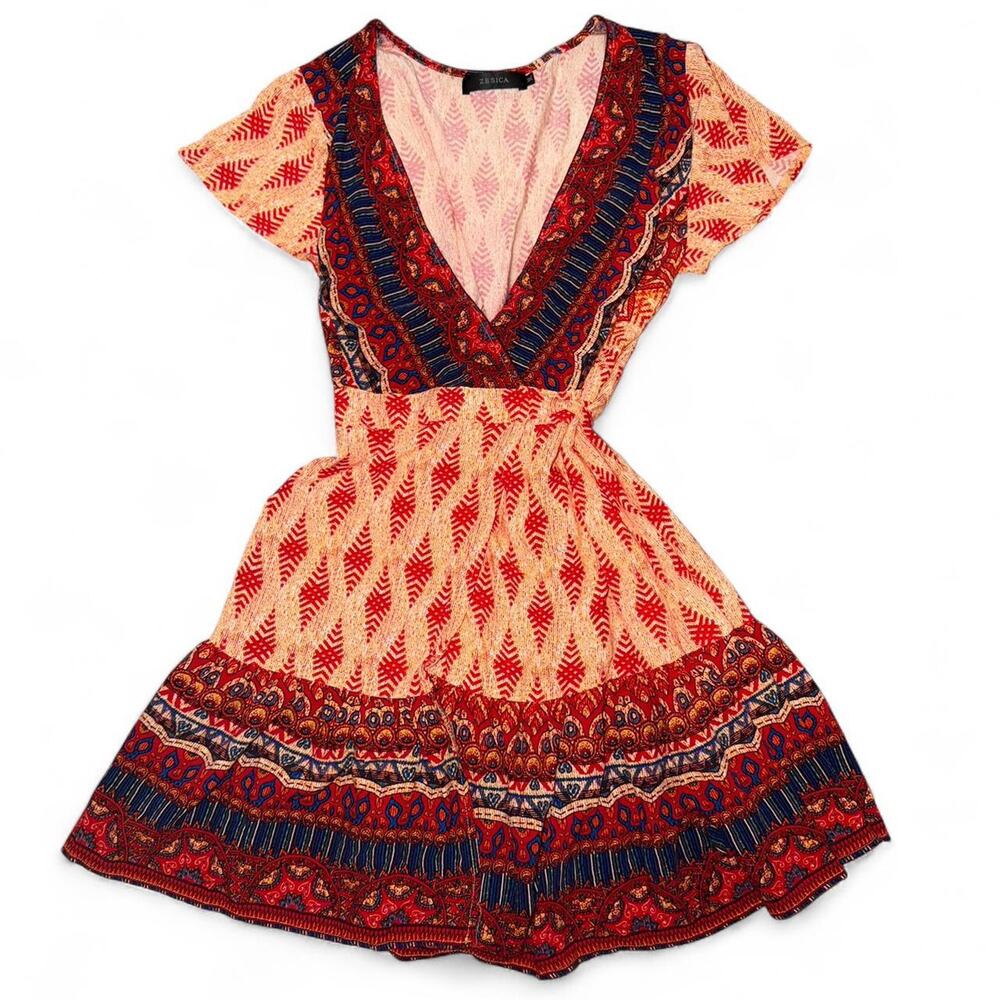 Boho red and blue Zesica Wrap Midi Dress Medium